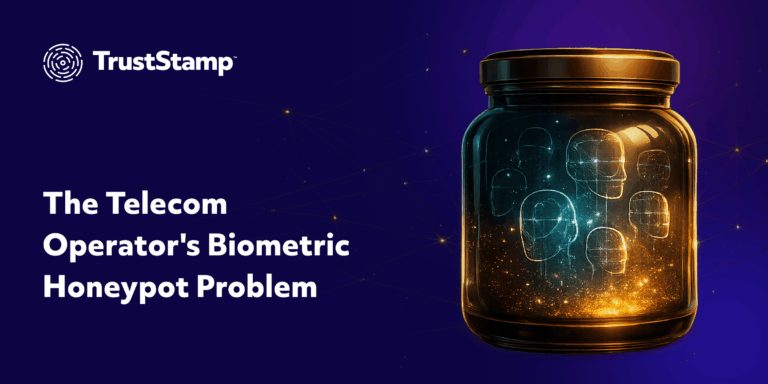 Illustration of biometric data stored in a glowing jar, representing the honeypot security risk of telecom biometric onboarding.